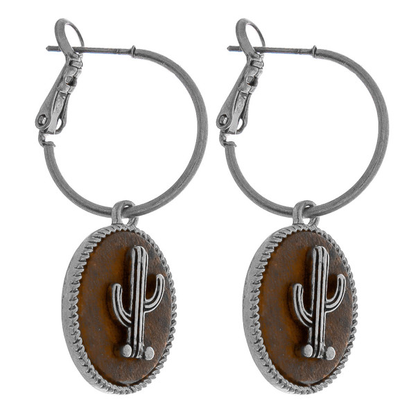 Wholesale dainty hoop earrings faux leather accent cactus detail