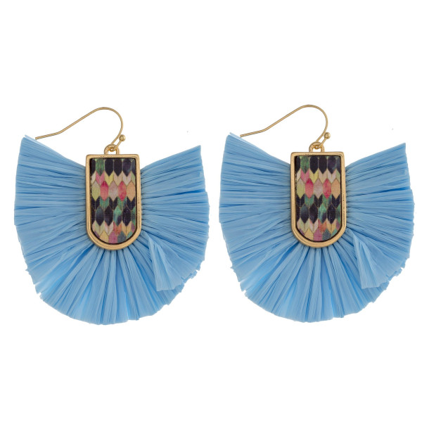 Wholesale drop earrings raffia tassel details wood inspired pattern accent