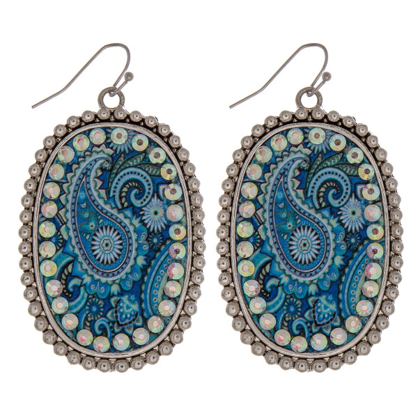 Wholesale metal drop earrings faux leather blue paisley print center detail rhin
