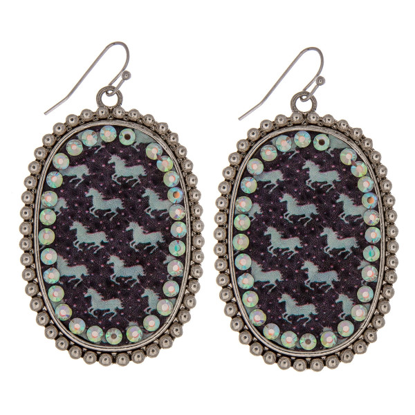 Wholesale metal drop earrings faux leather western horse print center detail rhi
