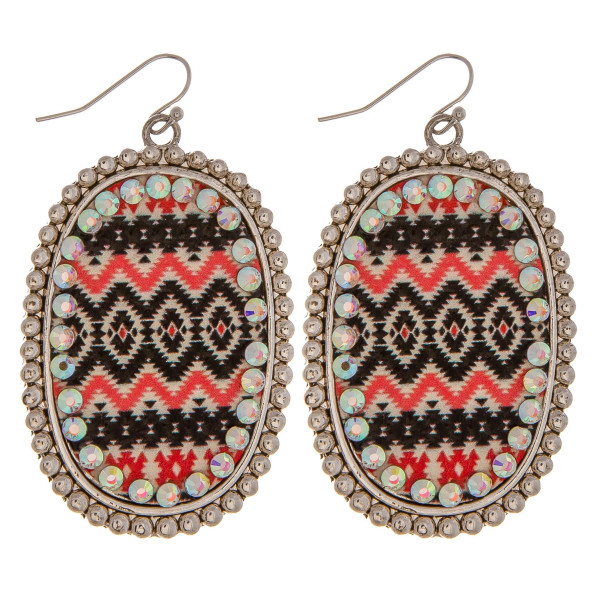 Wholesale metal drop earrings faux leather western print center detail rhineston