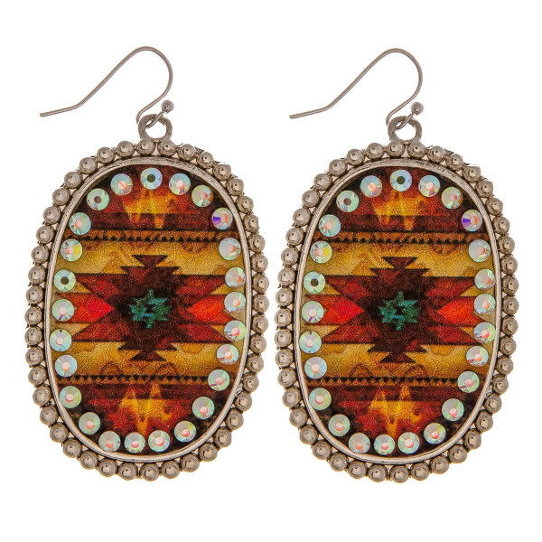 Wholesale metal drop earrings faux leather western print center detail rhineston