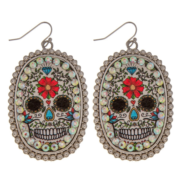 Wholesale metal drop earrings faux leather sugar skull print center detail rhine