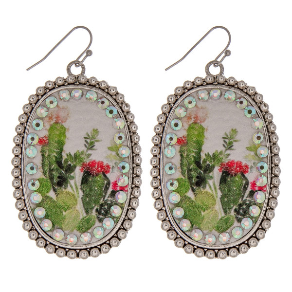 Wholesale metal drop earrings faux leather western cactus print center detail rh