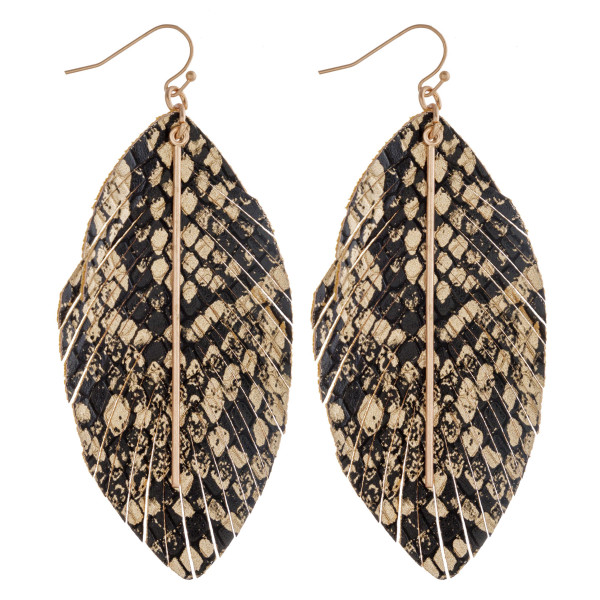 Wholesale faux leather feather inspired earrings metallic snakeskin details gold