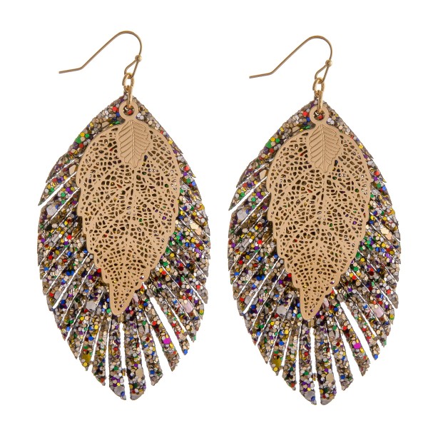 Wholesale filigree leaf glittery feather drop earrings