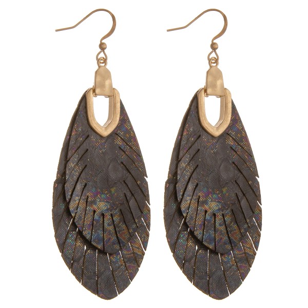 Wholesale metallic genuine leather animal print feather bohemian earrings