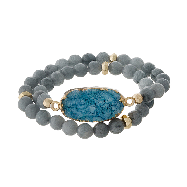 Wholesale gray natural stone beaded wrap bracelet gold accents teal druzy stone