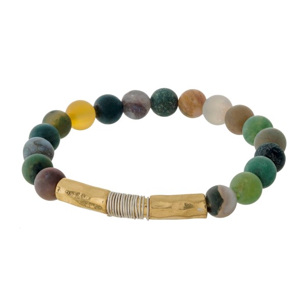 Wholesale natural stone beaded stretch bracelet gold hammered bar