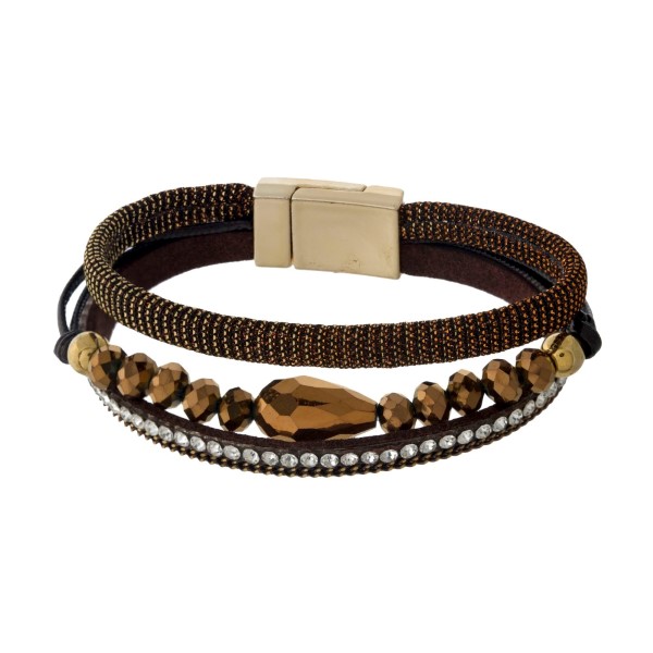 Wholesale thin faux leather magnetic bracelet shimmer accents faceted beads