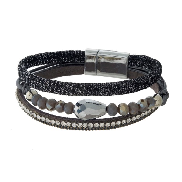 Wholesale thin faux leather magnetic bracelet shimmer accents faceted beads