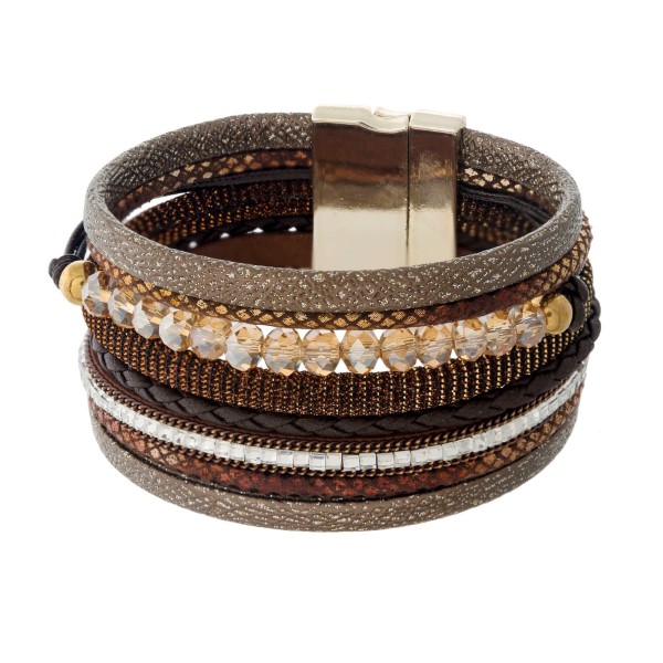 Wholesale faux leather magnetic bracelet faceted beads shimmer details clear rhi