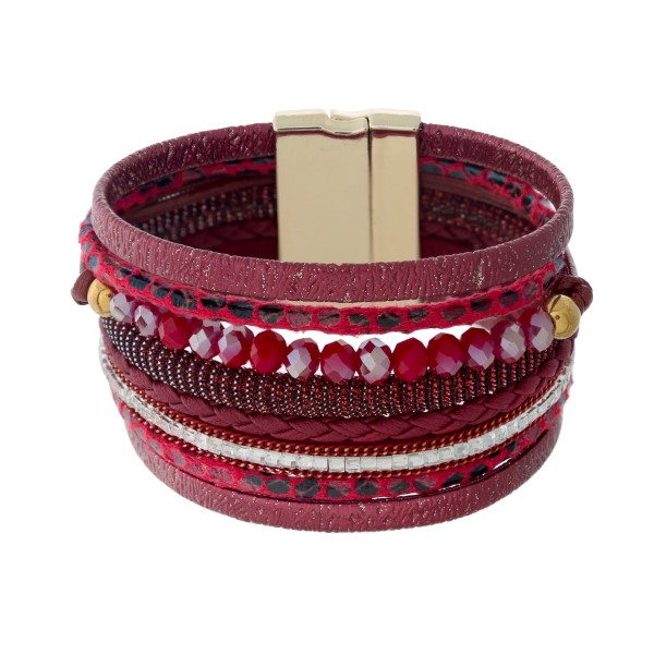 Wholesale faux leather magnetic bracelet faceted beads shimmer details clear rhi