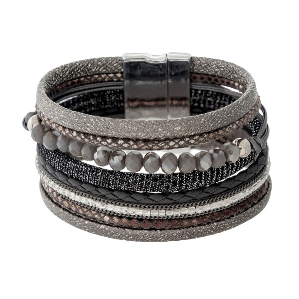 Wholesale faux leather magnetic bracelet faceted beads shimmer details clear rhi