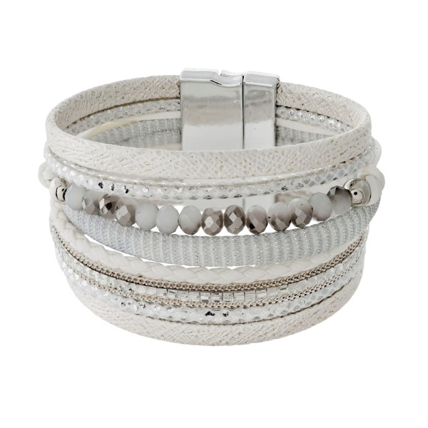 Wholesale faux leather magnetic bracelet faceted beads shimmer details clear rhi