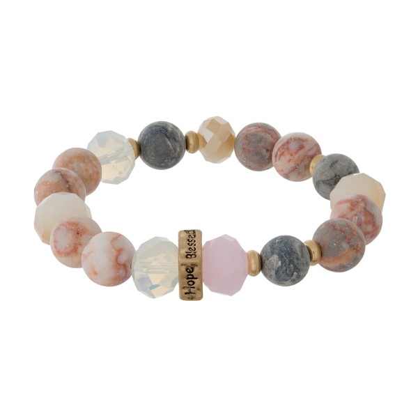 Wholesale natural stone beaded stretch bracelet gold bead stamped Faith Hope Lov