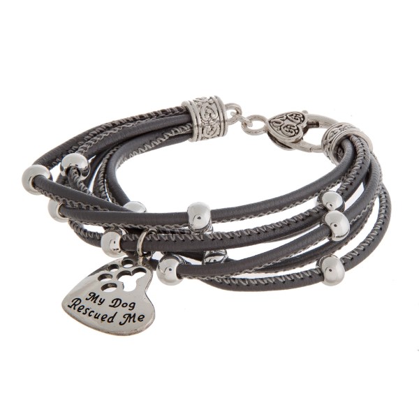 Wholesale faux leather bracelet silver beads lobster clasp stamped charm