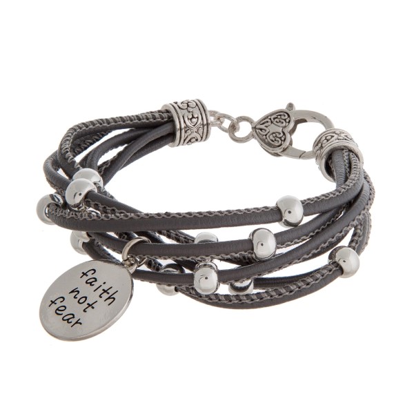 Wholesale faux leather bracelet silver beads lobster clasp stamped charm