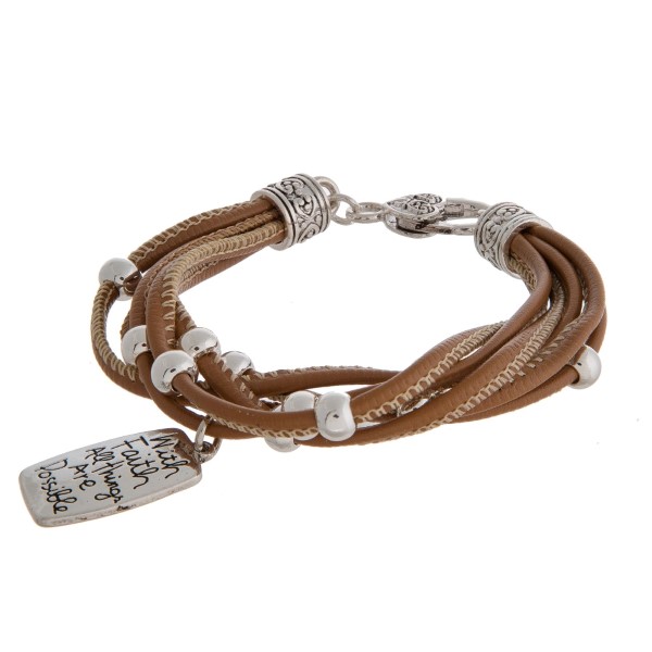 Wholesale faux leather bracelet silver beads lobster clasp stamped charm