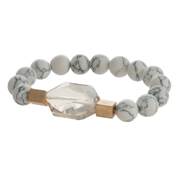 Wholesale natural stone beaded stretch bracelet gold accents faceted stone