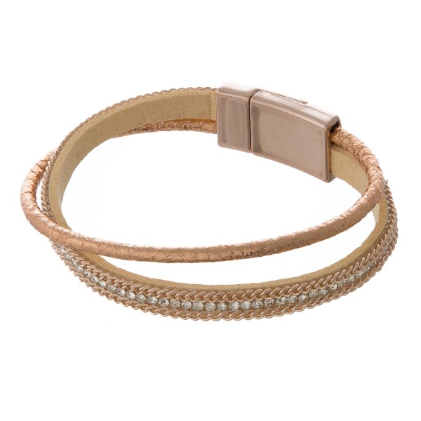 Wholesale faux leather bracelet rhinestone accents chain details magnetic closur