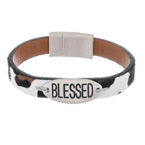 Wholesale furry faux leather bracelet Blessed engraved magnetic clasp closure di