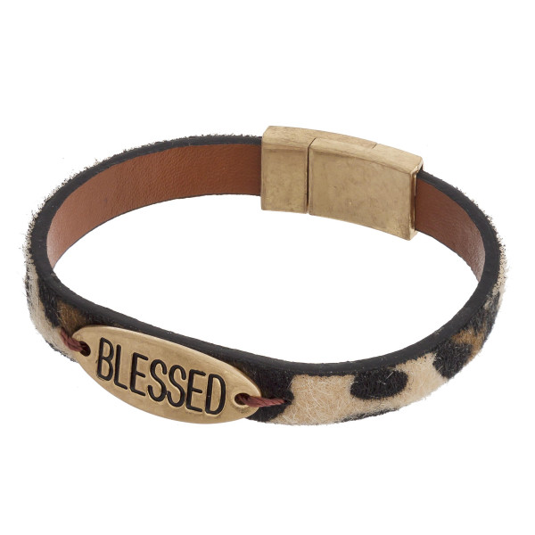 Wholesale furry faux leather bracelet Blessed engraved magnetic clasp closure di