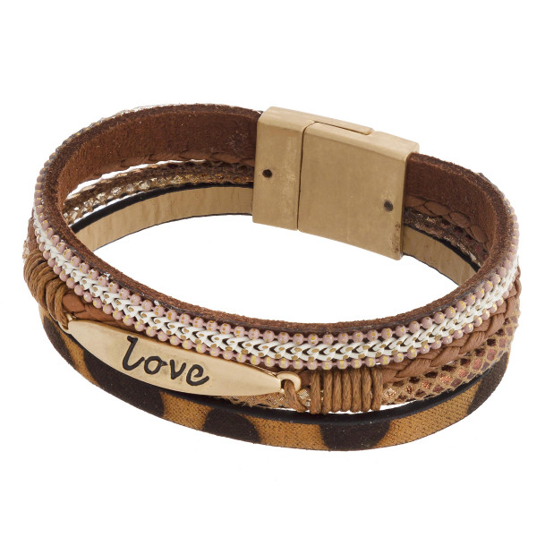 Wholesale three layered faux leather bracelet metal Love engraved animal print m