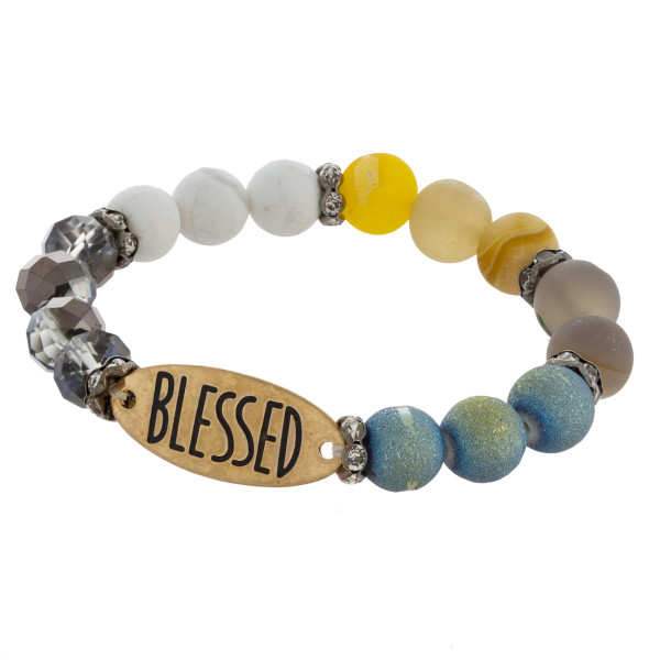 Wholesale natural stone faceted beaded stretch bracelet Blessed engraved rhinest