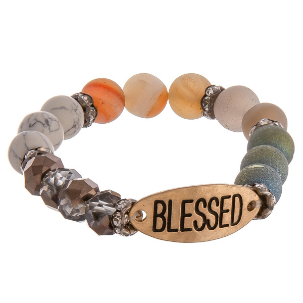 Wholesale natural stone faceted beaded stretch bracelet Blessed engraved rhinest