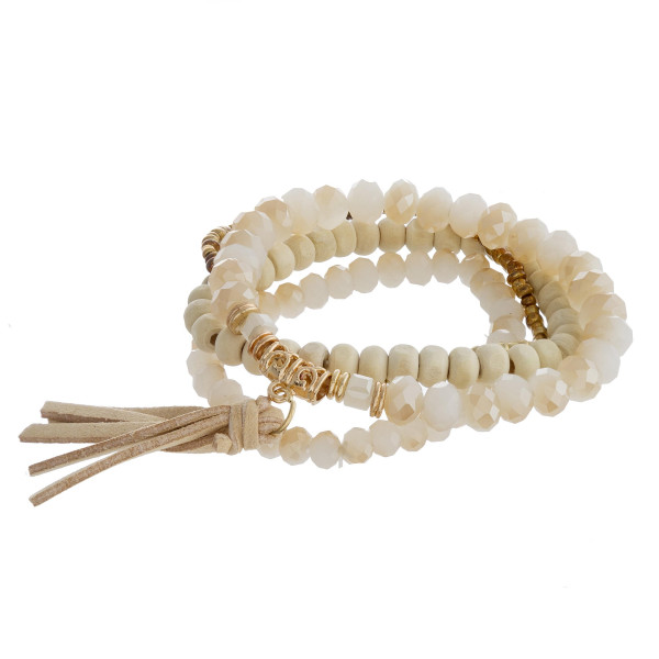 Wholesale beaded bracelet set four stretch bracelet wood faceted bead details fa
