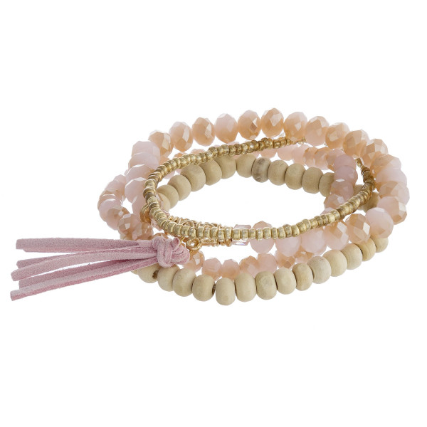 Wholesale beaded bracelet set four stretch bracelet wood faceted bead details fa