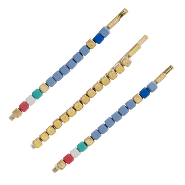 Wholesale hair pin set three hair pins color block beaded details