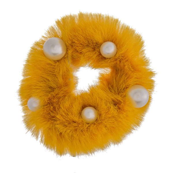 Wholesale solid color faux fur pearl hair scrunchie One Polyester