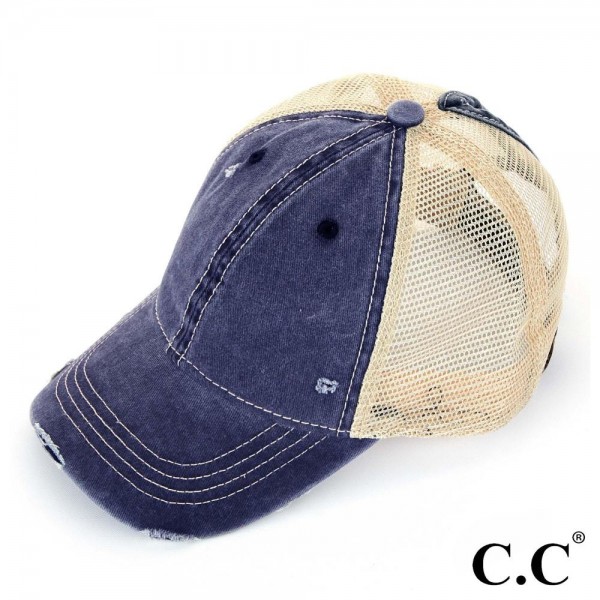 Wholesale c C BT Vintage distressed ponytail cap mesh back adjustable velcro clo