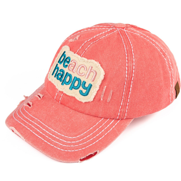 Wholesale ponytail baseball cap reads Beach Happy Vintage washed Distressed fabr