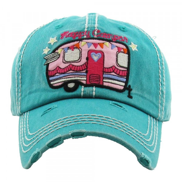 Wholesale vintage distressed baseball cap Happy Camper embroidered detail Cotton