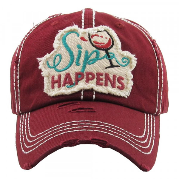 Wholesale vintage distressed baseball cap Sip Happens embroidered detail Cotton