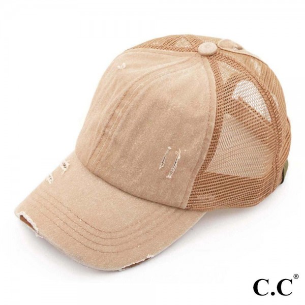 Wholesale c C BT beige distressed vintage ponytail cap Mesh back velcro closure