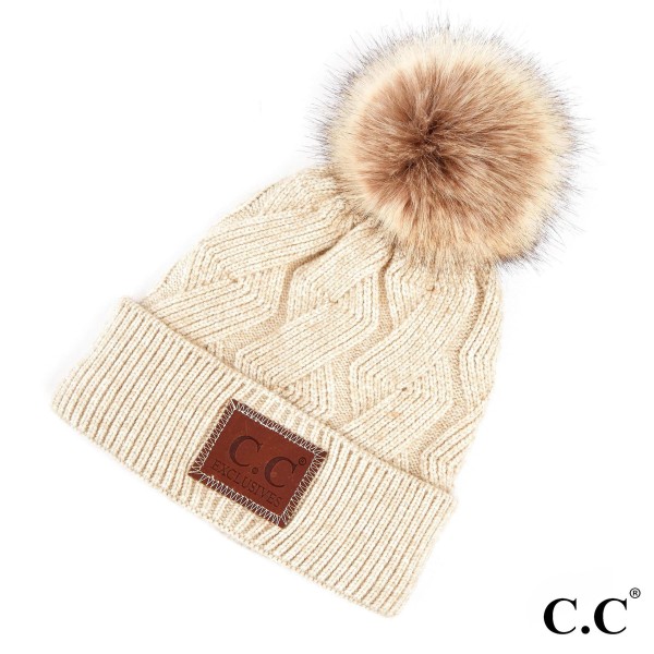 Wholesale c C HAT Geometric cable beanie faux fur pom Acrylic One fits most