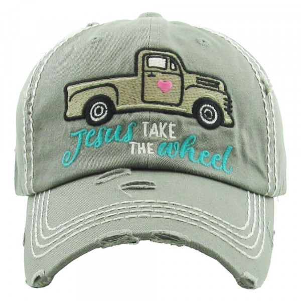 Wholesale vintage distressed baseball cap Jesus Take Wheel embroidered details C