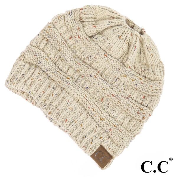 Wholesale messy bun confetti print C C beanie oatmeal acrylic