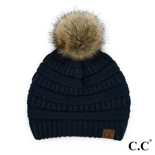 Wholesale hAT Cable knit original C C beanie faux fur pom pom acrylic
