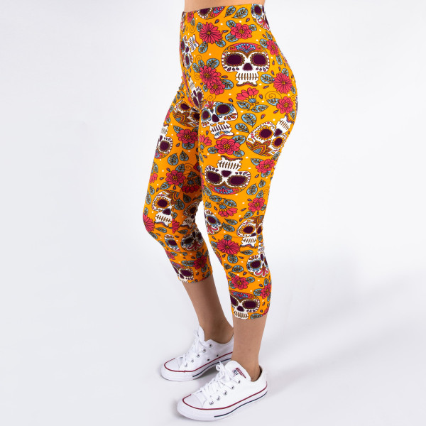 Wholesale peach skin sugar skull print capri leggings Inseam One fits most Compo