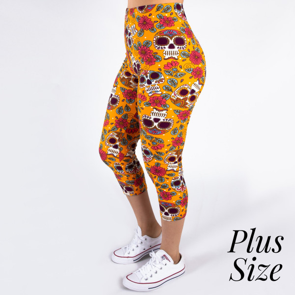 Wholesale pLUS peach skin sugar skull print capri leggings Inseam One fits most
