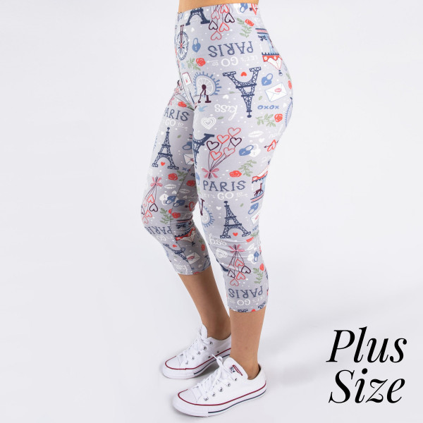 Wholesale pLUS peach skin Paris print capri leggings Inseam One fits most Compos