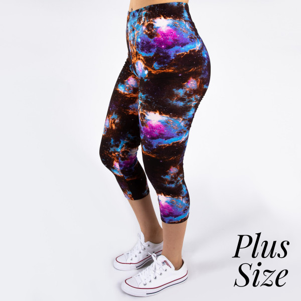 Wholesale pLUS peach skin galaxy print capri leggings Inseam One fits most Compo