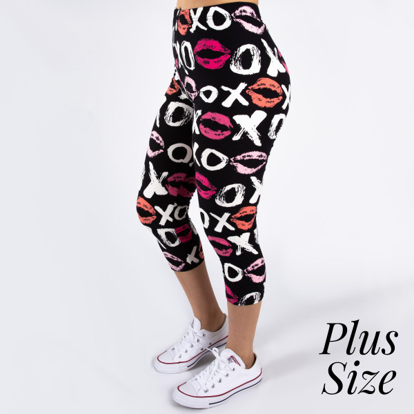 Wholesale pLUS peach skin love print capri leggings kissy lips xoxo Inseam One f