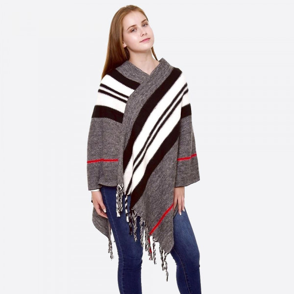 Wholesale two striped knit poncho fringes One fits most L Acrylic
