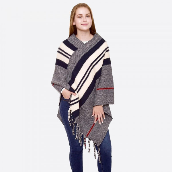 Wholesale two striped knit poncho fringes One fits most L Acrylic